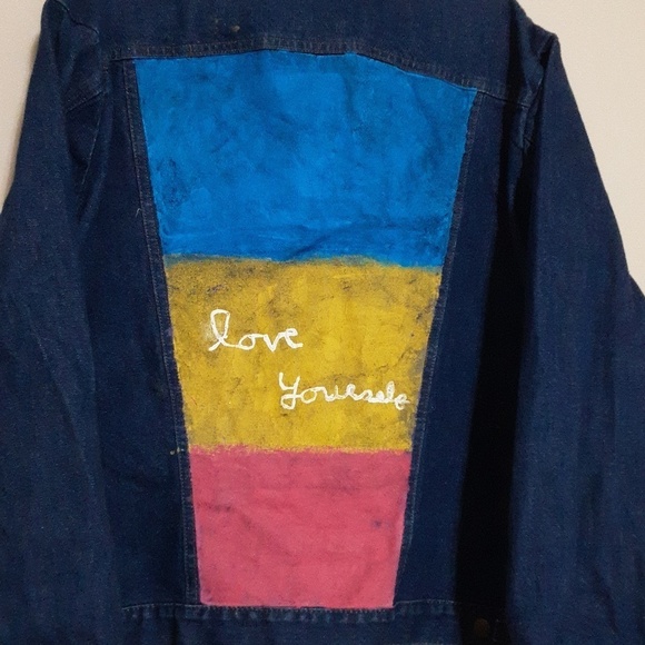 Vintage wrangler Blue Denim Jacket custom painted Y2K thick street wear XXL/TTG - Picture 5 of 8